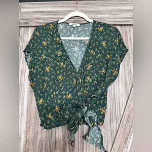 Madewell Dark Green Floral Tie-Front Blouse